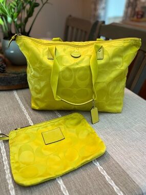 Coach Neon Yellow Signature Nylon Tote with Matching Pouch Large